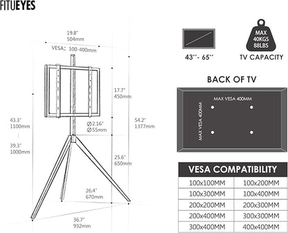 FITUEYES Design Corner TV Stand for 43-65 Inch TVs, Height Adjustable Metal Tripod Easel TV Stand Modern TV Floor Mount with Concealed Storage for Bedroom Living Room, Picasso Series