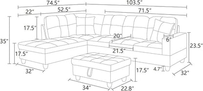 L-Shaped Sectional Sofa with Ottoman, Right-Facing Leather Modern Couch with Cup Holder for Living Room, Bedroom, Office, Glistening White