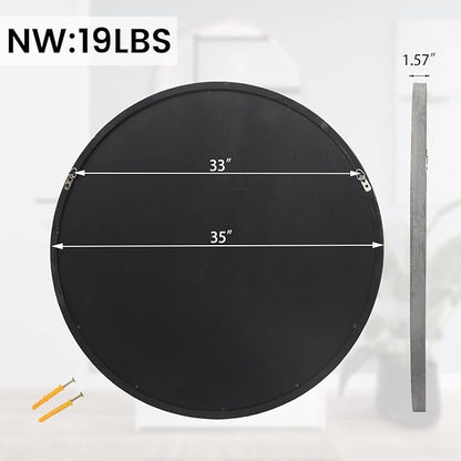 35" Round Wood Mirror, Rustic Circle Wall Mirror with Beveled, Wooden Round Mirror for Wall Decor, Decorative Wall-Mounted Mirror for Entryway, Living Room, Washed Gray Frame