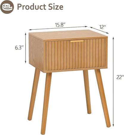 Fluted Nightstand, Small Bedside Table with Storage Drawer, Accent End Table Living Room for Bedroom and Small Space, Brown