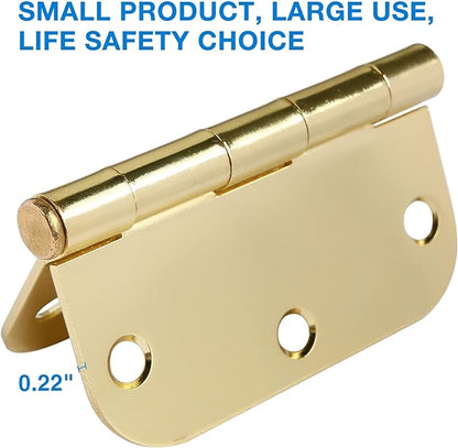 3 Pack Rounded Door Hinges 3-1/2" x 3.5 inch, 5/8 Radius, Polished Brass 3 ½ Inch Gold House Interior Hinge for Bed/Living/Guest/Pantry/Storage/Study/Work Room Doors Heavy Duty Steel Hardware Kit