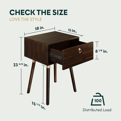 Bme Alden Wood Nightstand, Solid Wood End Table, Mid Century Modern Nightstand, Side Table with 1 Drawer, Compact for Bedroom, Living Room & Study Room, Easy Assembly, Walnut
