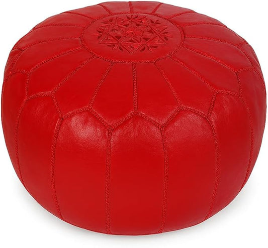 Stuffed Round Design Moroccan Leather Pouf Ottoman, Handmade, Pre-Filled, 100% Genuine Leather, 13” Height x 20” Diameter, Footstool & Living Room Décor (Red)