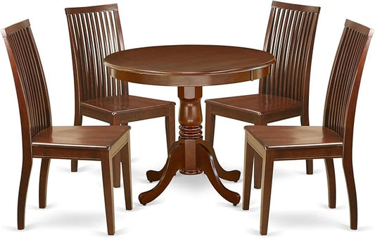 East West Furniture ANIP5-MAH-W 5 Piece Kitchen Table & Chairs Set Includes a Round Dining Room Table with Pedestal and 4 Dining Room Chairs, 36x36 Inch, Mahogany