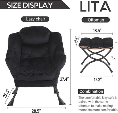 LITA Lazy Chair with Ottoman, Modern Accent Leisure Upholstered Sofa, Contemporary Lounge Reading Chair with Armrests and a Side Pocket for Living Room, Bedroom & Small Space, Black