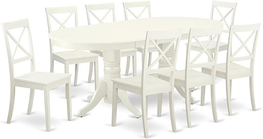 East West Furniture VABO9-LWH-W 9 Piece Modern Dining Table Set Includes an Oval Wooden Table with Butterfly Leaf and 8 Kitchen Dining Chairs, 40x76 Inch, Linen White