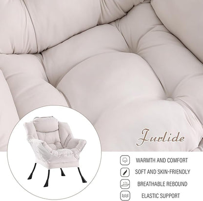 Lazy Chair with Ottoman, Modern Chair with Folding Footrest, Lounge Accent Chair, Comfortable Reading Chair, Oversized Armchairs for Bedroom, Study, Living Room, Courtyard (Beige