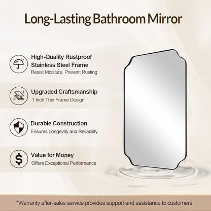 Scalloped Mirror, 24"x32" Black Mirror for Bathroom, Matte Black Mirror with Anti-Rust Metal Frame, Asymmetrical Mirrors with Wavy Edge for Powder Room, Living Room, Foyer, Master Room