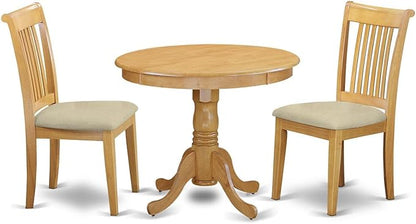 East West Furniture ANPO3-OAK-C 3 Piece Kitchen Table & Chairs Set Contains a Round Dining Room Table with Pedestal and 2 Linen Fabric Upholstered Chairs, 36x36 Inch, Oak