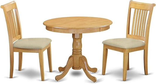 East West Furniture ANPO3-OAK-C 3 Piece Kitchen Table & Chairs Set Contains a Round Dining Room Table with Pedestal and 2 Linen Fabric Upholstered Chairs, 36x36 Inch, Oak