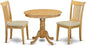 East West Furniture ANPO3-OAK-C 3 Piece Kitchen Table & Chairs Set Contains a Round Dining Room Table with Pedestal and 2 Linen Fabric Upholstered Chairs, 36x36 Inch, Oak