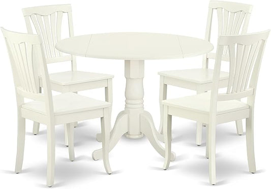 East West Furniture DLAV5-LWH-W 5 Piece Dining Set Includes a Round Dining Room Table with Dropleaf and 4 Wood Seat Chairs, 42x42 Inch, Linen White