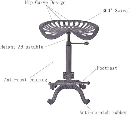 Industrial Bar Stool-Swivel Tractor Seat-Kitchen Dining Counter Chair-Extra Pub Height- Adjustable 24.8-31"-Iron Cast Design