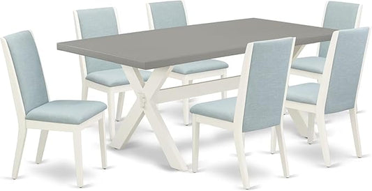 East West Furniture X097LA015-7 7 Piece Modern Dining Table Set Consist of a Rectangle Wooden Table with X-Legs and 6 Baby Blue Linen Fabric Upholstered Chairs, 40x72 Inch, Multi-Color