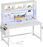 White Computer Desk with Hutch and Pegboard - Computer Desk with Power Outlets, 47 Inch Modern Study Teen Desk with Pegboard Storage Bag, Hooks and Side Bag,Writing Desk for Bedroom Home Office
