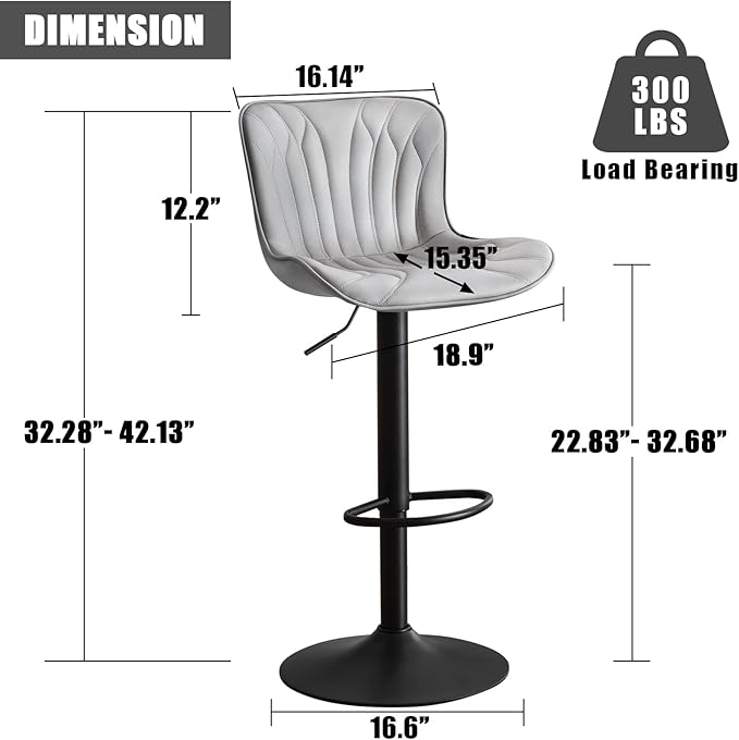 YOUNIKE Grey Bar Stools Set of 4 Modern Swivel Counter Height Bar Chair with Back Adjustable Kitchen Island Faux Leather Padded Barstools taburetes de bar Breakfast sillas para barra de cocina 4PCS