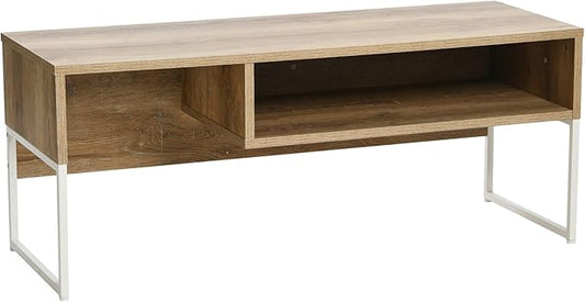 Household Essentials Wrap TV Stand with Rectangular Storage Compartment Coastal Oak Rustic Wood Grain and White Metal