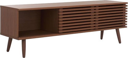 SAFAVIEH Averi TV Stand for up to 65" Flatscreen – Dark Walnut, 2 Sliding Doors with Interior Storage, 2 Open Shelves, Entertainment Media Console (MED9637A)