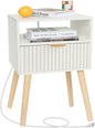 White Nightstand with Charging Station, Modern Bedside Table with Drawer and Solid Wood Legs, Fluted End Side Table for Bedroom, Dorm and Small Space (White)