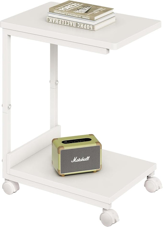 Side Table,C Table with 2-Tier Storage Shelf, End Table TV Tray with Metal Frame, Sofa Table with Wheels for Living Room, Bedroom, Office, Bathroom, Easy Assembly, White