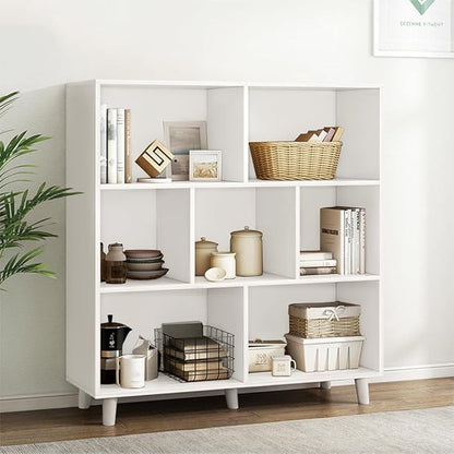 IOTXY Open Cube Low Bookcase - 3-Tier Freestanding Storage Display Cabinet Organizer with Legs for Home Office, 7-Cubes Open Shelf Short Bookshelf, White