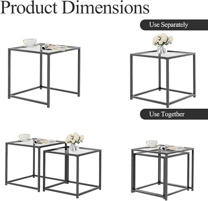 Garden 4 you Coffee Table Set of 2, Modern Glass Nesting Table, Metal Frame Square Center Table Set, Side Tables, Nesting Coffee Table for Living Room, Bedroom and Small Spaces, 19.7in Grey