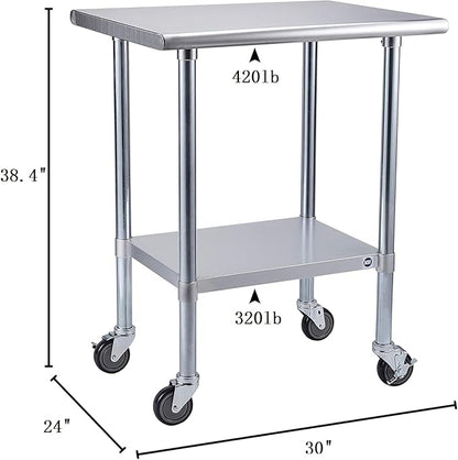 ROCKPOINT Stainless Steel Table for Prep & Work with Caster Wheels 24x30 Inches, NSF Metal Commercial Kitchen Heavy Duty Table with Adjustable Under Shelf and Table Foot for Restaurant, Home and Hotel