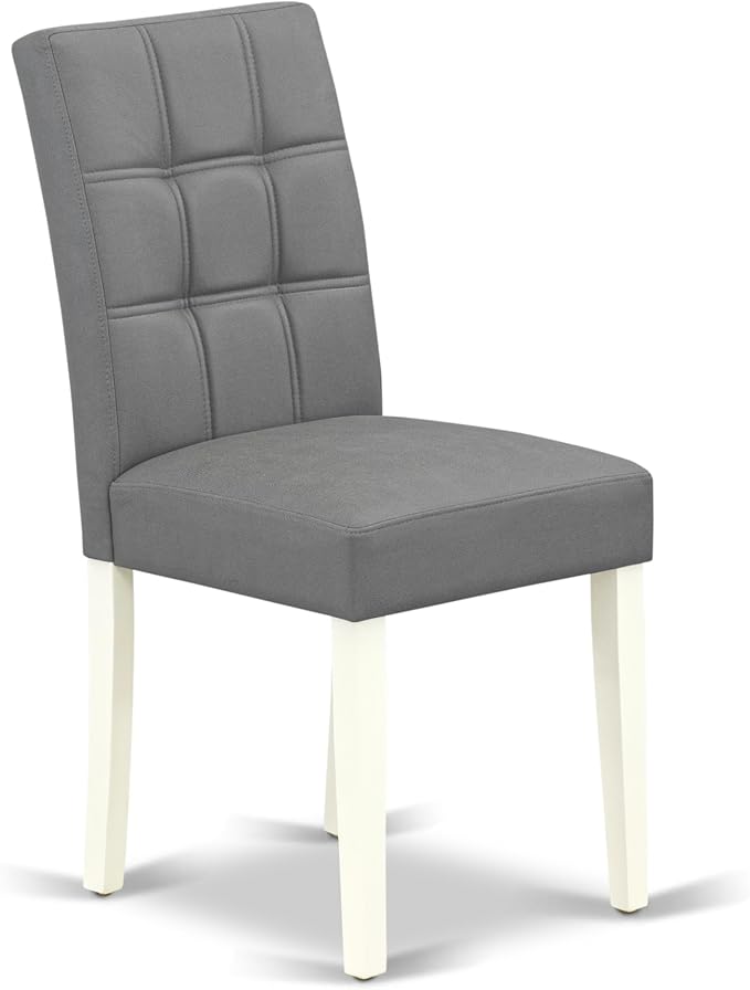 East West Furniture VAAS7-LWH-41 7 Piece Modern Dining Table Set contain A Dinner Table and 6 Platinum Gray Polyester Fabric Wooden Chairs with Stylish Back- Linen White Finish
