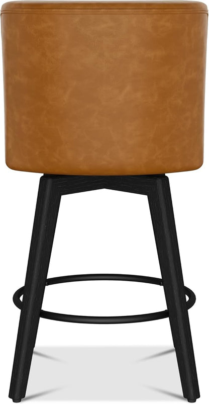 Counter Height Bar Stools Set of 8, Modern Swivel Barstools with Back and Wood Legs, Faux Leather Upholstered Bar Chairs, 26" H Kitchen Counter Stools, Kitchen Island Home Bar, Whisky Brown