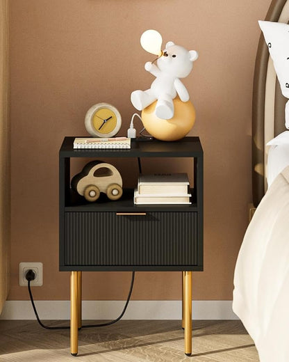 Nightstand,Small Bedside Table with Gold Frame,Morden Night Stand with 2 Drawer,End Table,Side Table with Drawer and Shelf for Bedroom,Living Room (Black-1Drawer-Outlet)
