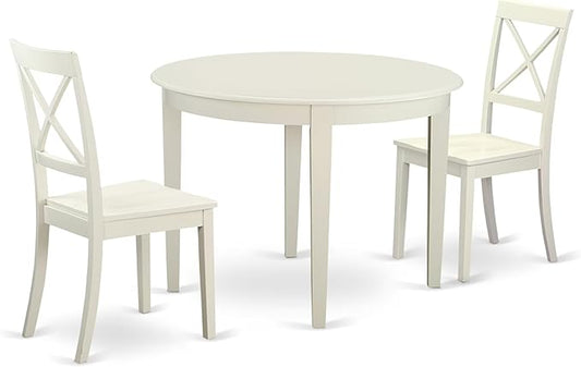 East West Furniture BOST3-WHI-W 3 Piece Kitchen Table Set for Small Spaces Contains a Round Dining Room Table and 2 Solid Wood Seat Chairs, 42x42 Inch, Linen White