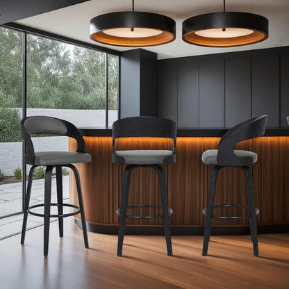 Armen Living Shelly 30" Bar Height Swivel Gray Faux Leather and Black Wood Bar Stool - Set of 2