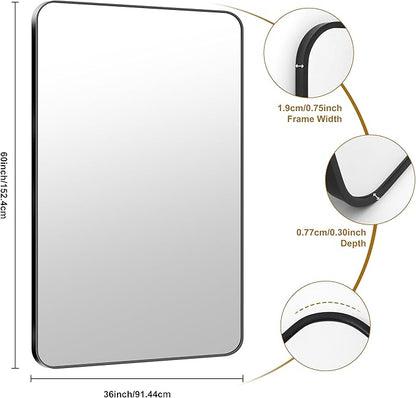 KOCUUY Black Bathroom Mirror 60"x36", Large Vanity Mirror with Rounded Corner, Metal Black Frame with Mordern Design for Bathroom, Living Room, Entryway, Hang Horizontal/Vertical