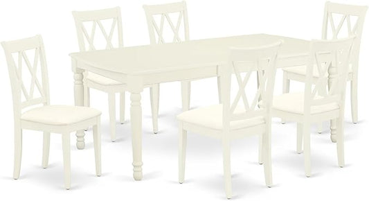 East West Furniture DOCL7-LWH-C 7 Piece Kitchen Table & Chairs Set Consist of a Rectangle Dining Table with Butterfly Leaf and 6 Linen Fabric Dining Room Chairs, 42x78 Inch, Linen White