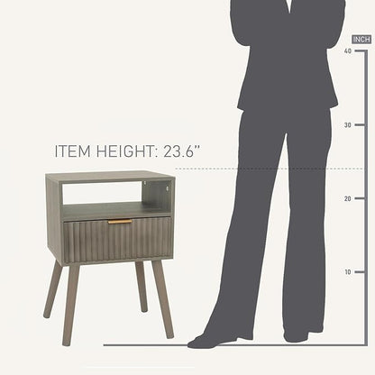 Grey Nightstand, Modern Night Stand Wood, Fluted Bedside Table with Solid Wood Legs for Bedroom, Dorm and Small Space (Grey)