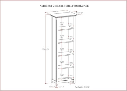 SIMPLIHOME Amherst Bookcase - 70 inch Tall 5-Shelf Solid Wood Bookshelf in Hickory Brown, Transitional Storage for Living Room, Study Room or Office with Adjustable Shelves and Tapered Legs