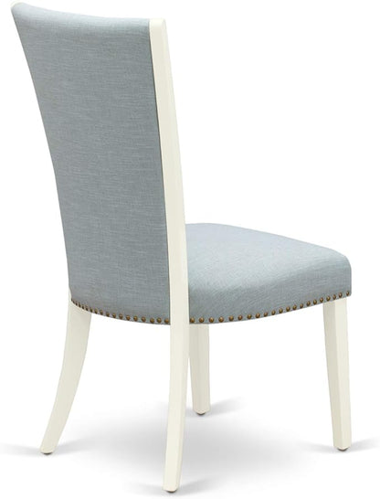East West Furniture VEP2T15 Verona Parson Dining Chairs - Nailhead Trim Baby Blue Linen Fabric Padded Chairs, Set of 2, Linen White