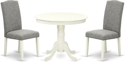 East West Furniture ANEN3-LWH-06 3 Piece Kitchen Table Set Contains a Round Dining Table with Pedestal and 2 Dark Shitake Linen Fabric Parson Dining Room Chairs, 36x36 Inch, Linen White