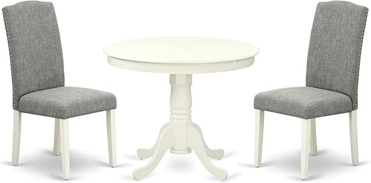 East West Furniture ANEN3-LWH-06 3 Piece Kitchen Table Set Contains a Round Dining Table with Pedestal and 2 Dark Shitake Linen Fabric Parson Dining Room Chairs, 36x36 Inch, Linen White