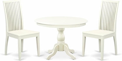 East West Furniture HBIP3-LWH-W 3 Piece Modern Dining Table Set Contains a Round Wooden Table with Pedestal and 2 Dining Chairs, 42x42 Inch, Linen White