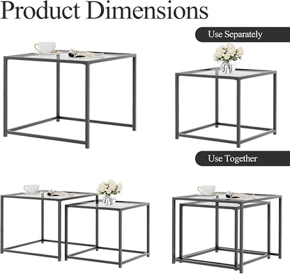 Garden 4 you Coffee Table Set of 2, Modern Glass Nesting Table, Metal Frame Square Center Table Set, Side Tables, Nesting Coffee Table for Living Room, Bedroom and Small Spaces, 23.6in Grey