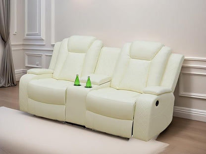 Loveseat Recliner Sofa, Reclining Loveseat Leather Couch with Storage Console, Modern Comfy Home Theater Seating Power Recliner Chair with Cup Holders for Living Room Furniture Sets, White
