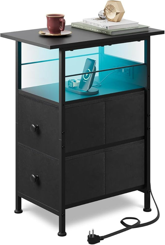 WLIVE Narrow Side Table with Charging Station, End Table with LED Light, 2 Fabric Drawers and Open Shelf, Black Bedside Tables Living Room, Small Space, Bedroom, Night Stand with Charger Station