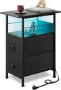 WLIVE Narrow Side Table with Charging Station, End Table with LED Light, 2 Fabric Drawers and Open Shelf, Black Bedside Tables Living Room, Small Space, Bedroom, Night Stand with Charger Station