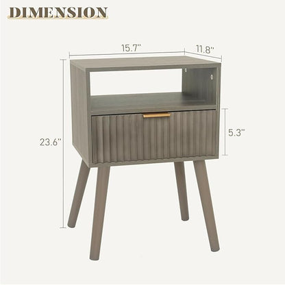 Grey Nightstand, Modern Night Stand Wood, Fluted Bedside Table with Solid Wood Legs for Bedroom, Dorm and Small Space (Grey)