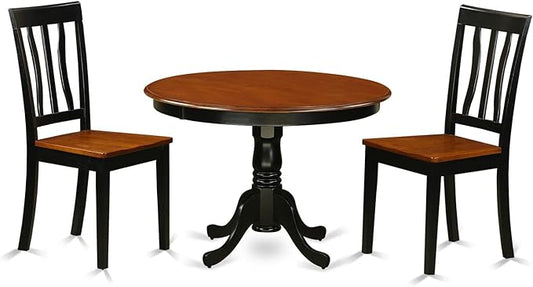 East West Furniture HLAN3-BCH-W 3 Piece Dining Table Set for Small Spaces Contains a Round Dining Room Table with Pedestal and 2 Wood Seat Chairs, 42x42 Inch, Black & Cherry