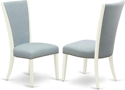 East West Furniture V077VE215-7 7 Piece Dining Table Set Consist of a Rectangle Wooden Table with V-Legs and 6 Baby Blue Linen Fabric Parson Dining Room Chairs, 40x72 Inch, Multi-Color