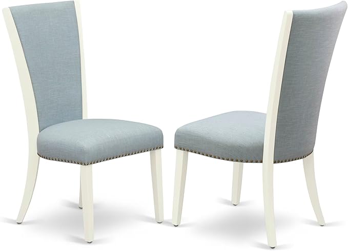 East West Furniture V097VE215-9 9 Piece Dining Set Includes a Rectangle Dining Room Table with V-Legs and 8 Baby Blue Linen Fabric Upholstered Parson Chairs, 40x72 Inch, Multi-Color