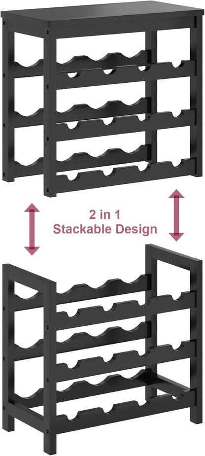 6 Tier Bamboo Wine Rack Freestanding Floor, 24 Bottles Wine Storage Shelves with Table Top, Stackable Wine Display Rack for Kitchen, Bar, Dining Room, Black
