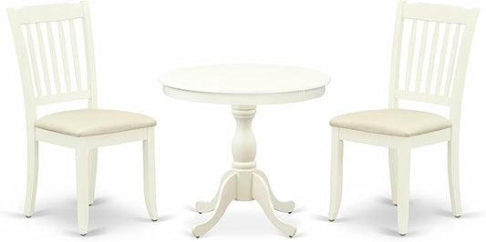 East West Furniture AMDA3-LWH-C 3 Piece Dining Table Set for Small Spaces Contains a Round Kitchen Table with Pedestal and 2 Linen Fabric Upholstered Chairs, 36x36 Inch, Linen White